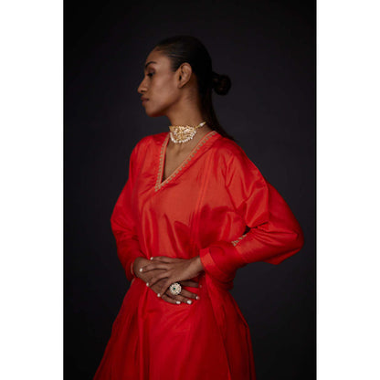 BRIH Scarlet Red Embroidered Kurta with Pant (Set of 2)