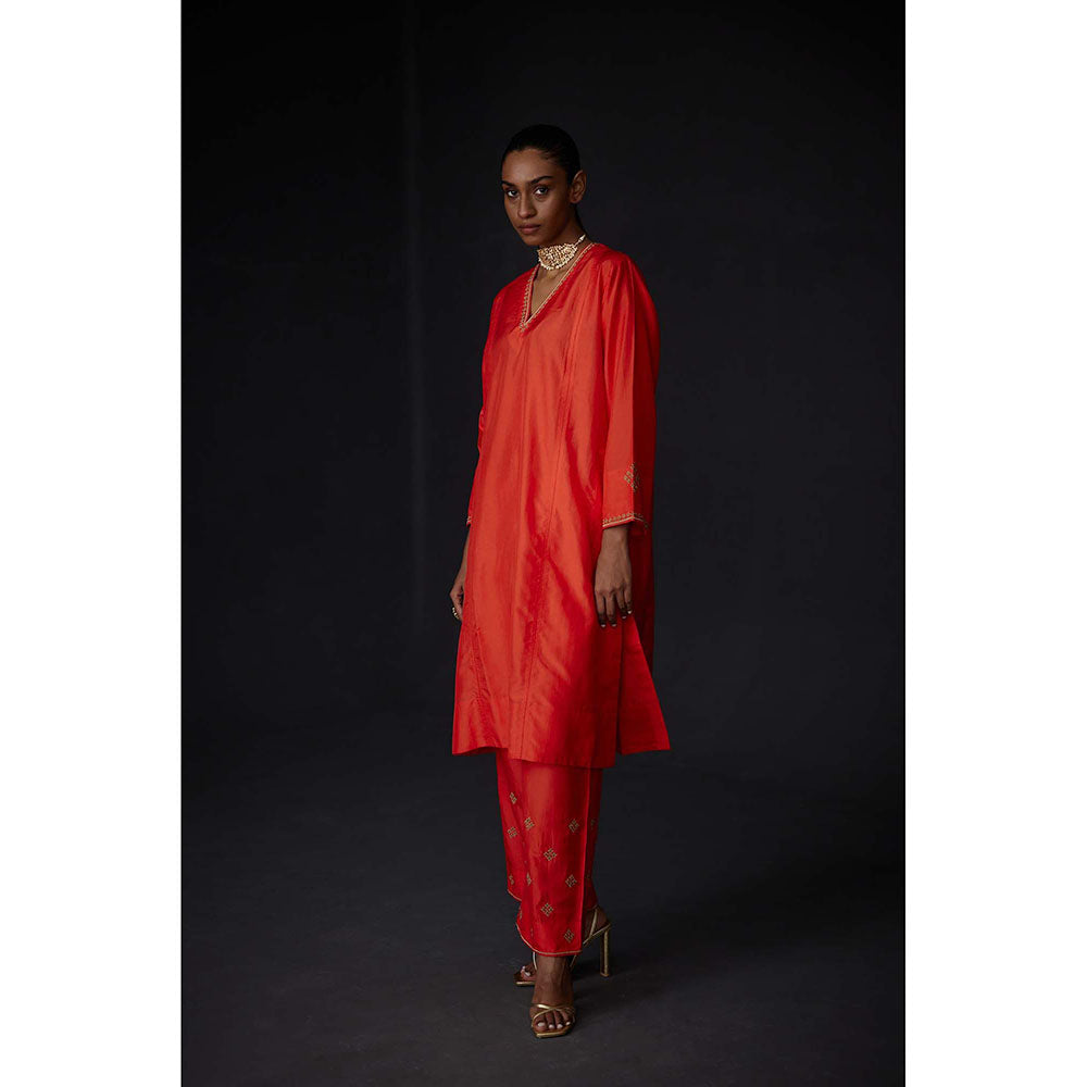 BRIH Scarlet Red Embroidered Kurta with Pant (Set of 2)