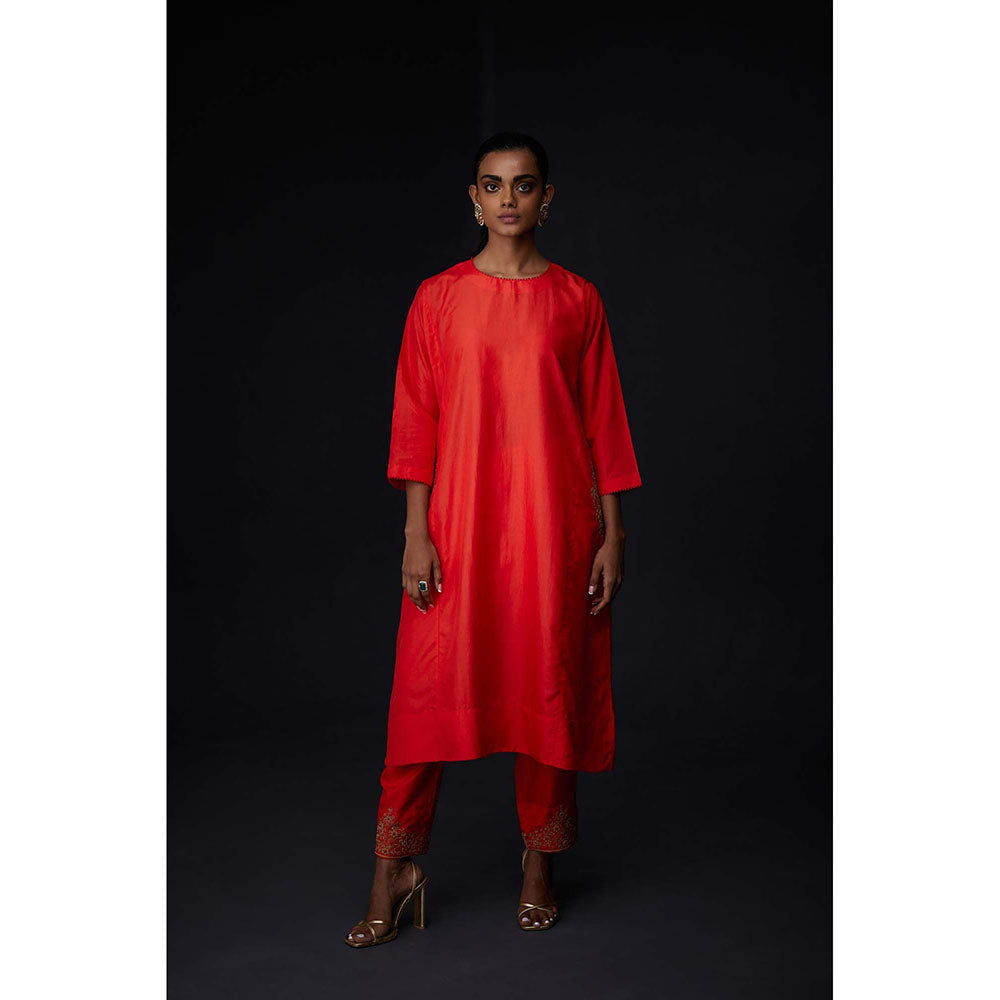 BRIH Scarlet Red Embroidered Kurta with Pant (Set of 2)