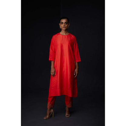 BRIH Scarlet Red Embroidered Kurta with Pant (Set of 2)