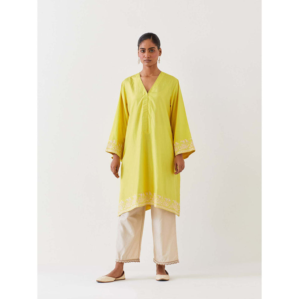 BRIH Lime Green Embroidered Kurta with Pant (Set of 2)