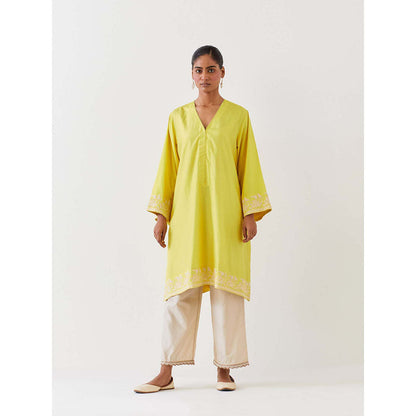BRIH Lime Green Embroidered Kurta with Pant (Set of 2)