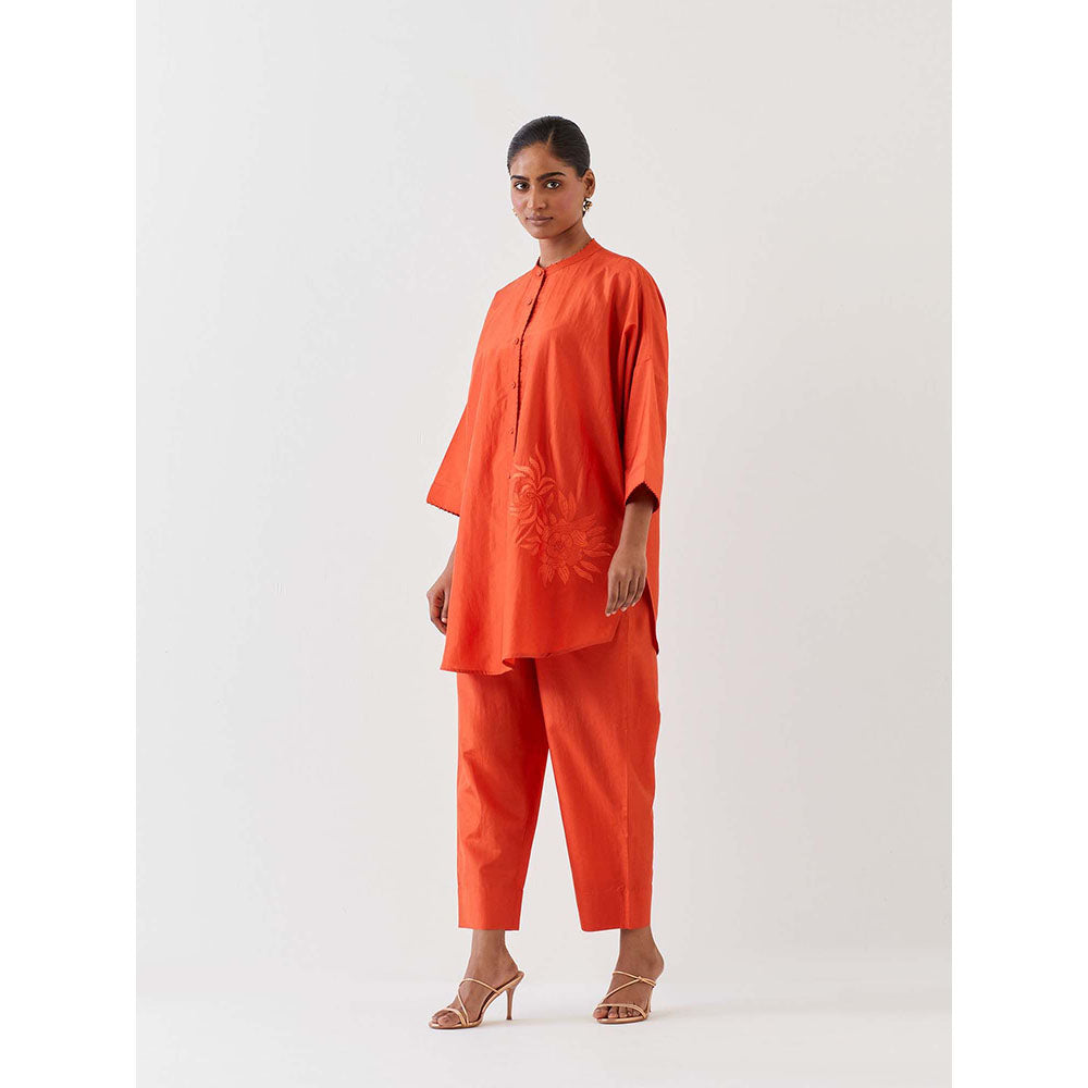 BRIH Rust Embroidered Kurta with Pant (Set of 2)