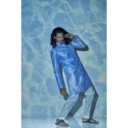Bubber Blu Blumen White Cardina Bandhi Blue Nehru Jacket