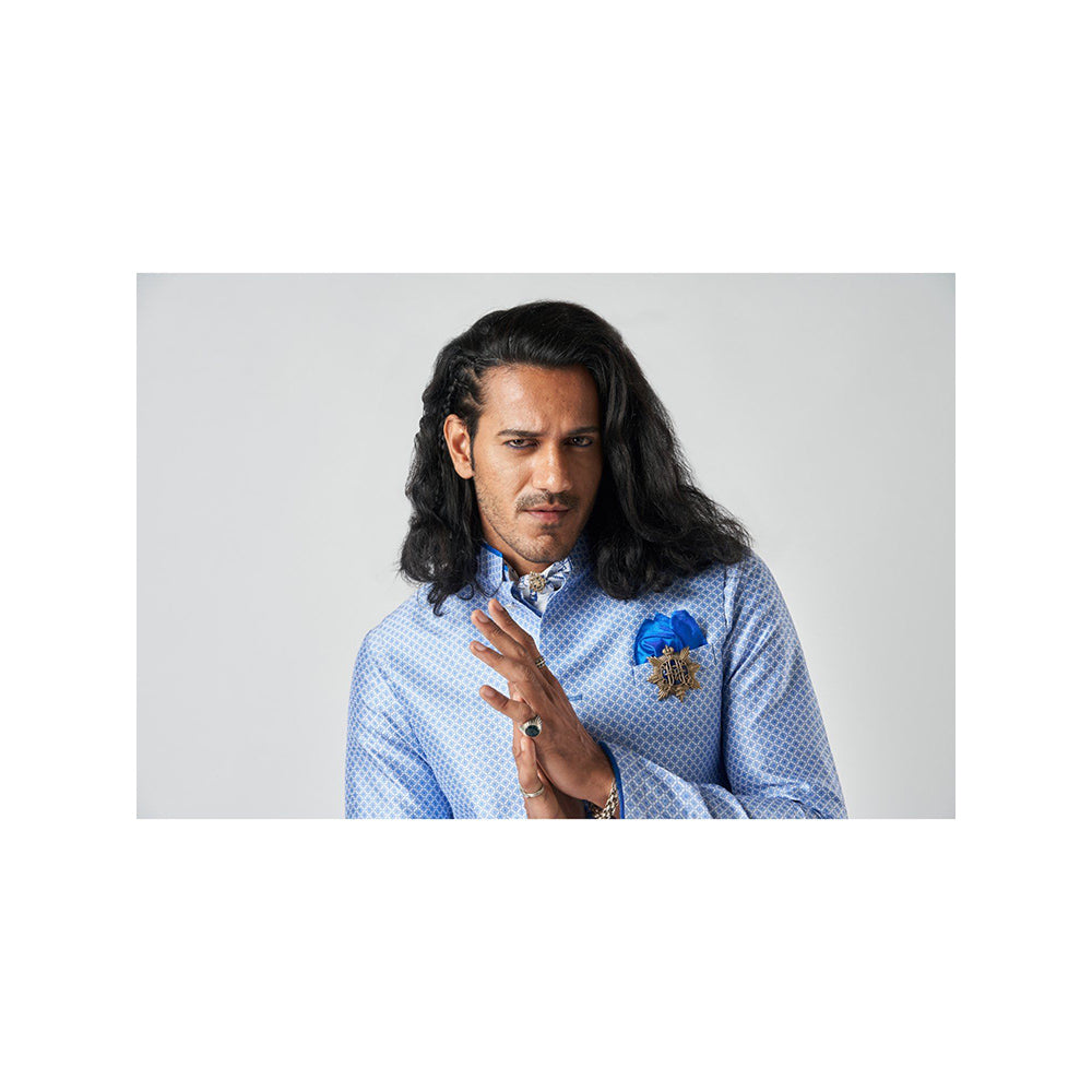 Bubber Blu Blumen White Cardina Bandhi Blue Nehru Jacket