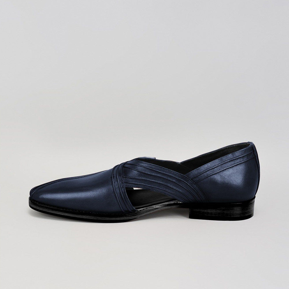 Bubber Couture Damon Navy Blue Pintucked Italian Leather Peshawari Sandals