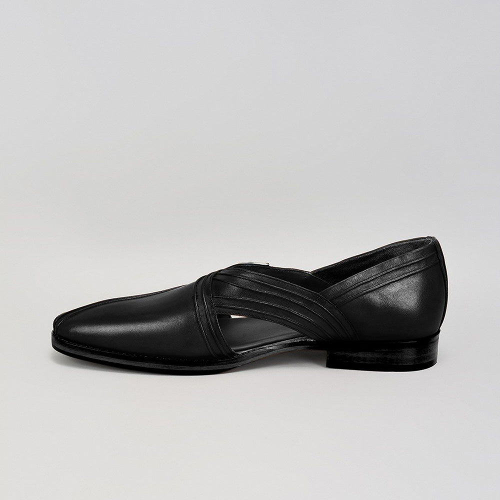 Bubber Couture Danton Black Pintucked Italian Leather Peshawari Sandals