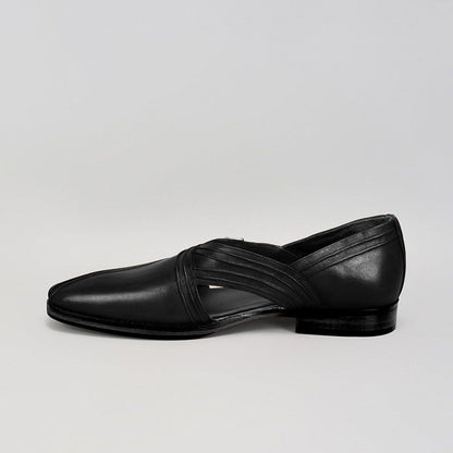 Bubber Couture Danton Black Pintucked Italian Leather Peshawari Sandals
