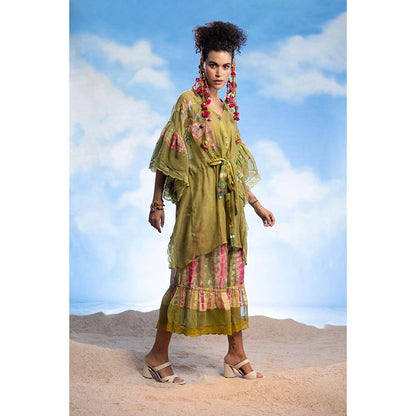 CAPISVIRLEO Embroidered Front Open Kaftan with Sharara & Inner (Set of 3)