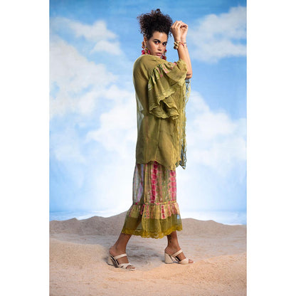 CAPISVIRLEO Embroidered Front Open Kaftan with Sharara & Inner (Set of 3)