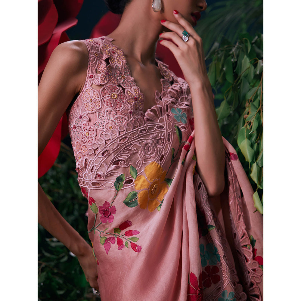 CHANDRIMA Pink Organza Floral Bead Work Saree with Unstitched Blouse with Unstitched
