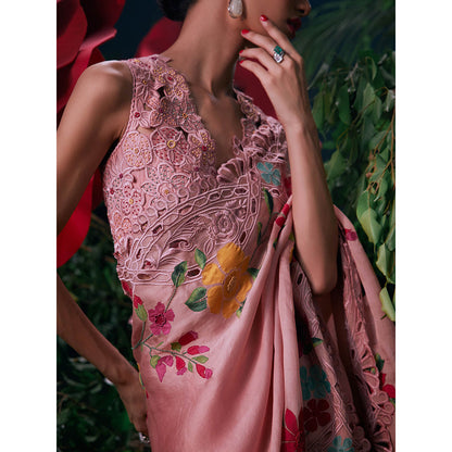 CHANDRIMA Pink Organza Floral Bead Work Saree with Unstitched Blouse with Unstitched
