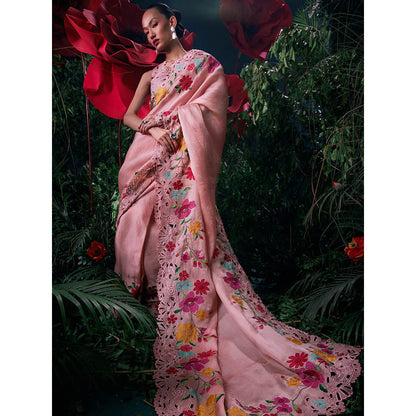 CHANDRIMA Pink Organza Floral Bead Work Saree with Unstitched Blouse with Unstitched