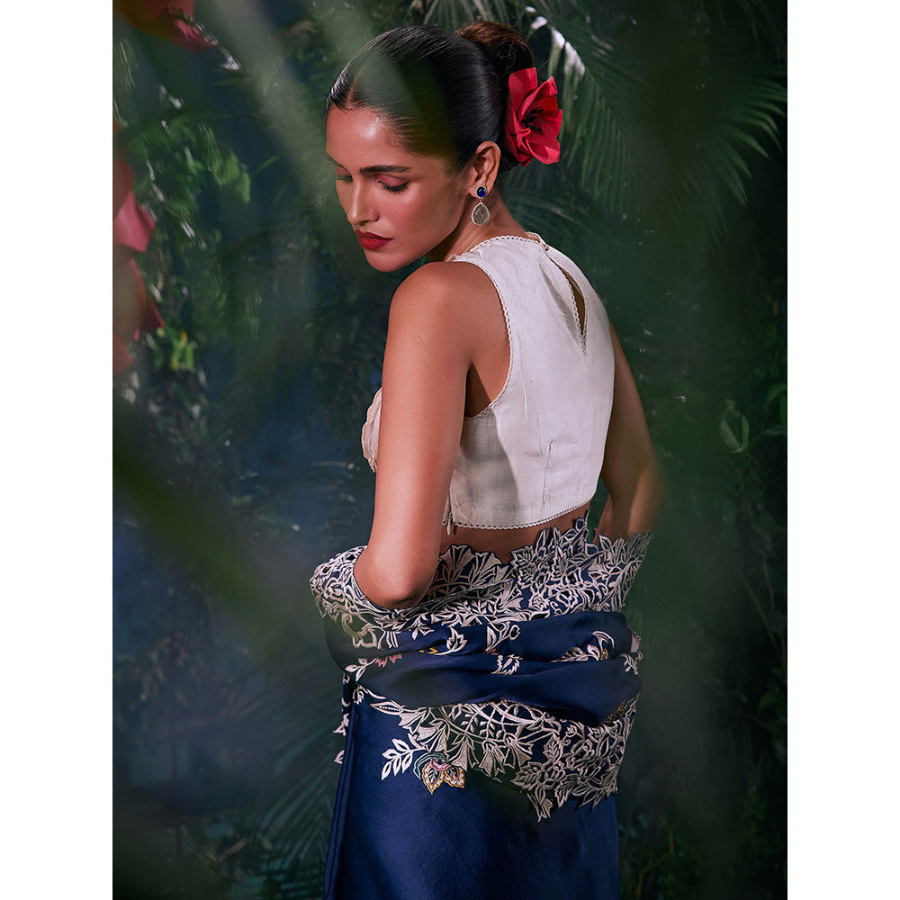 CHANDRIMA Navy Blue Organza Floral Bead Work Saree with Unstitched Blouse