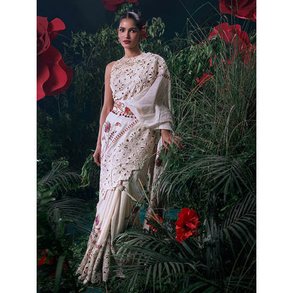 CHANDRIMA Ivory Chanderi Floral Bead Work Saree with Unstitched Blouse with Unstitched