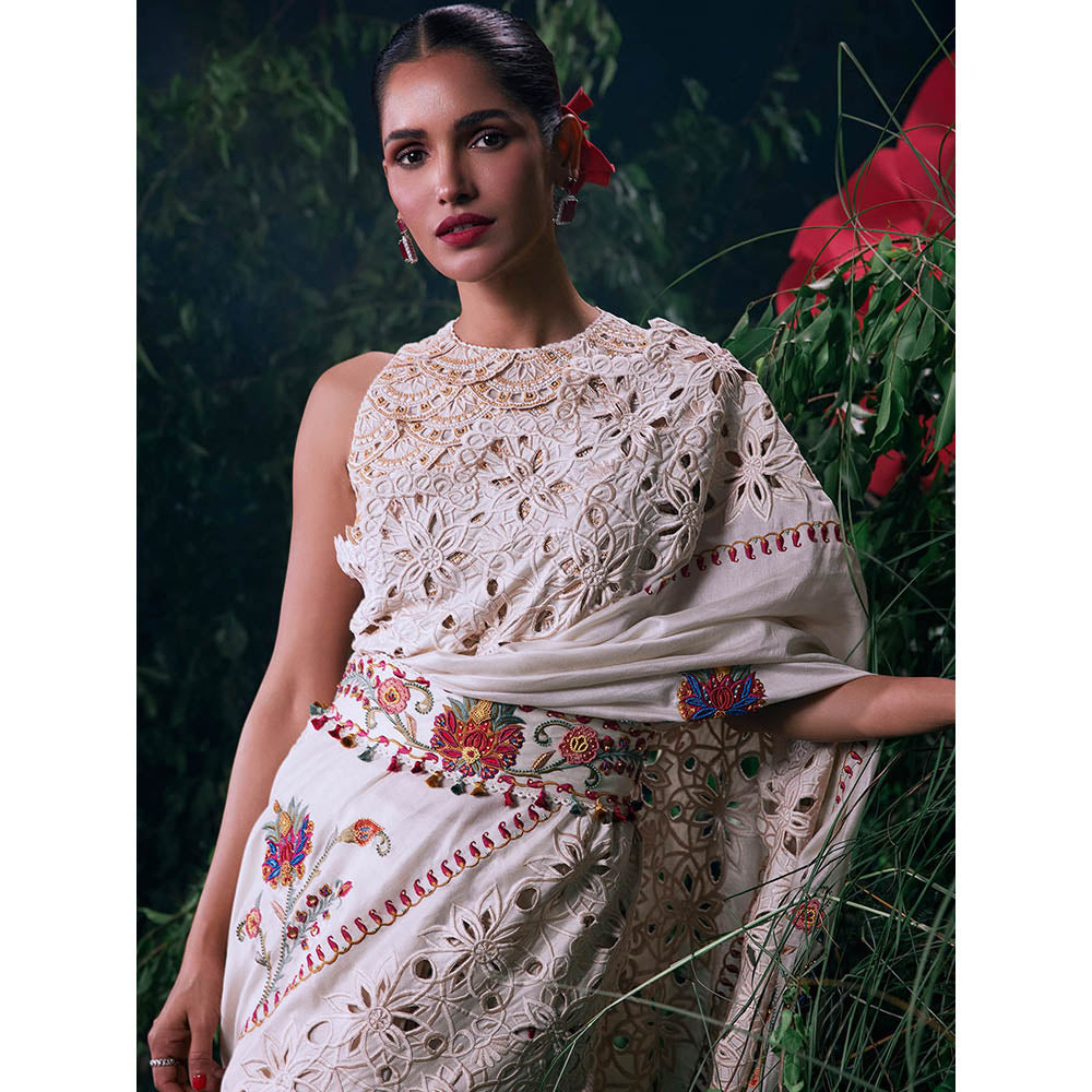 CHANDRIMA Ivory Chanderi Floral Bead Work Saree with Unstitched Blouse with Unstitched