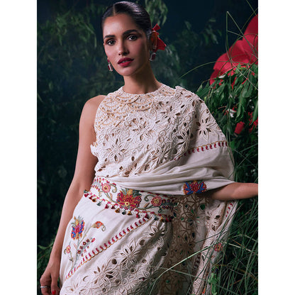 CHANDRIMA Ivory Chanderi Floral Bead Work Saree with Unstitched Blouse with Unstitched