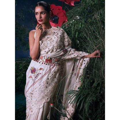 CHANDRIMA Ivory Chanderi Floral Bead Work Saree with Unstitched Blouse with Unstitched