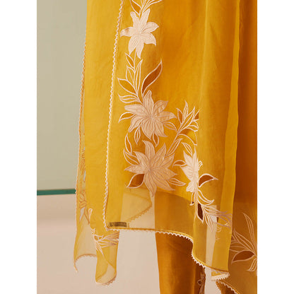 CHANDRIMA Mustard Organza Floral Embroidered Dupatta