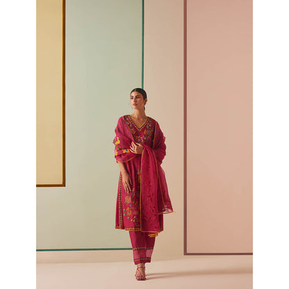 CHANDRIMA Pink Organza Floral Embroidered Dupatta