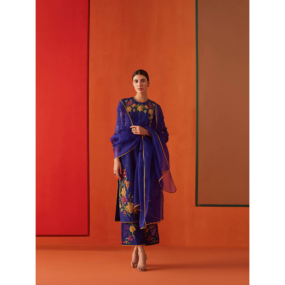 CHANDRIMA Navy Blue Organza Floral Embroidered Dupatta