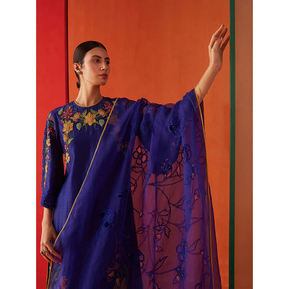 CHANDRIMA Navy Blue Organza Floral Embroidered Dupatta