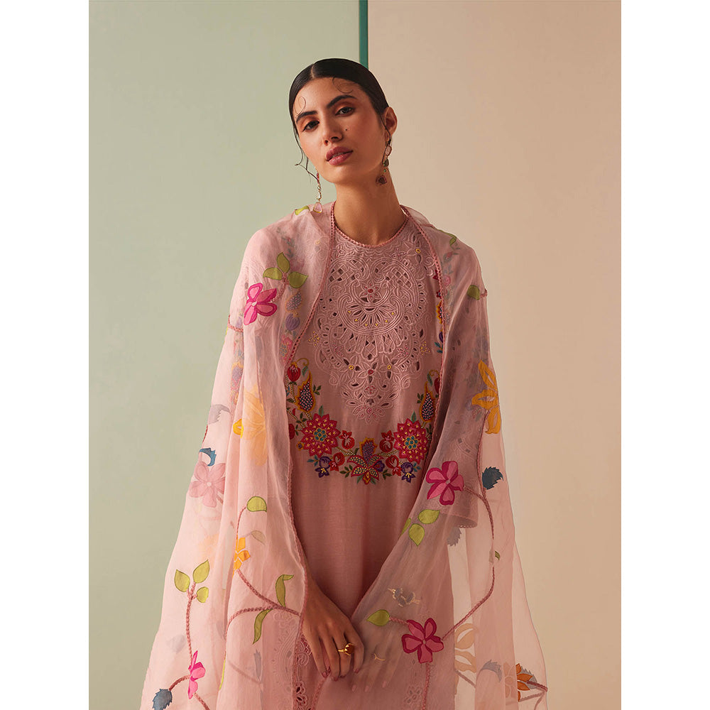 CHANDRIMA Pink Organza Floral Embroidered Dupatta