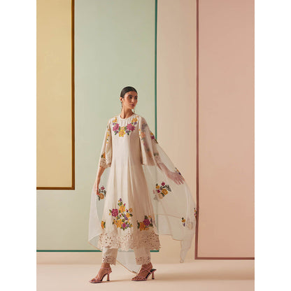 CHANDRIMA Ivory Organza Floral Embroidered Dupatta