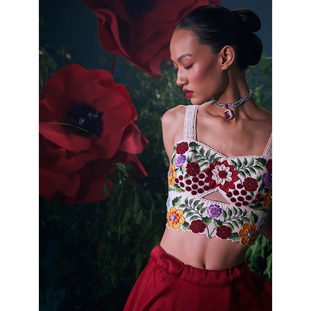 CHANDRIMA Ivory Chanderi Floral Sleeveless Sweetheart Bead Work Crop Top