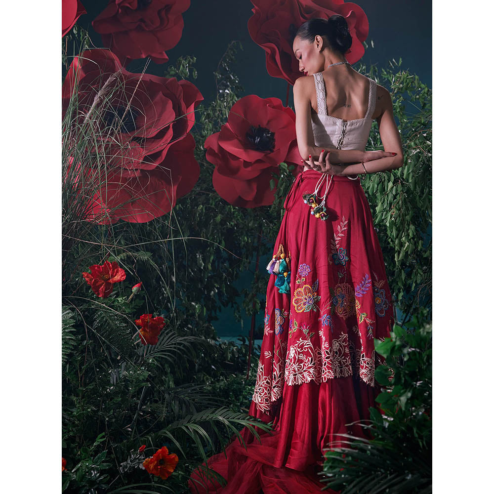 CHANDRIMA Ivory Chanderi Floral Sleeveless Sweetheart Bead Work Crop Top