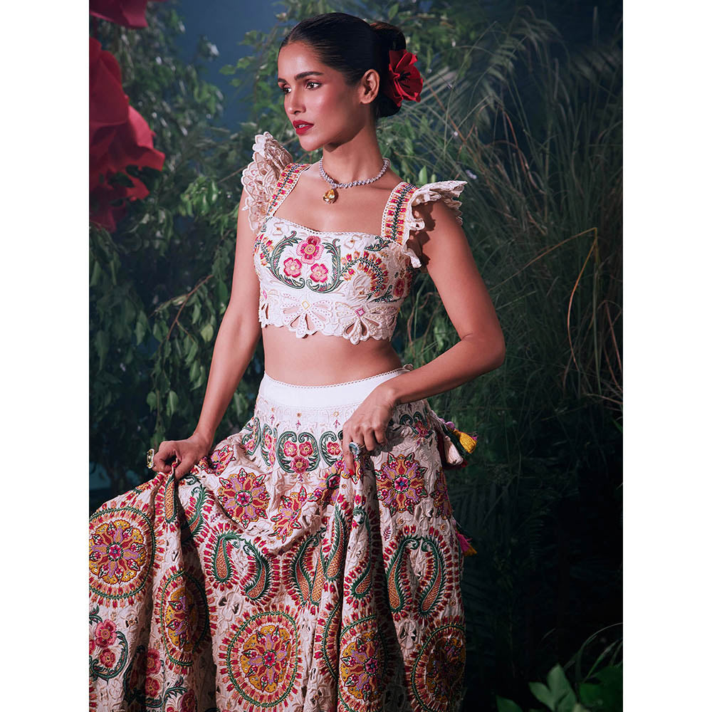 CHANDRIMA Ivory Chanderi Floral Ruffled Sleeves Sweetheart Bead Work Crop Top