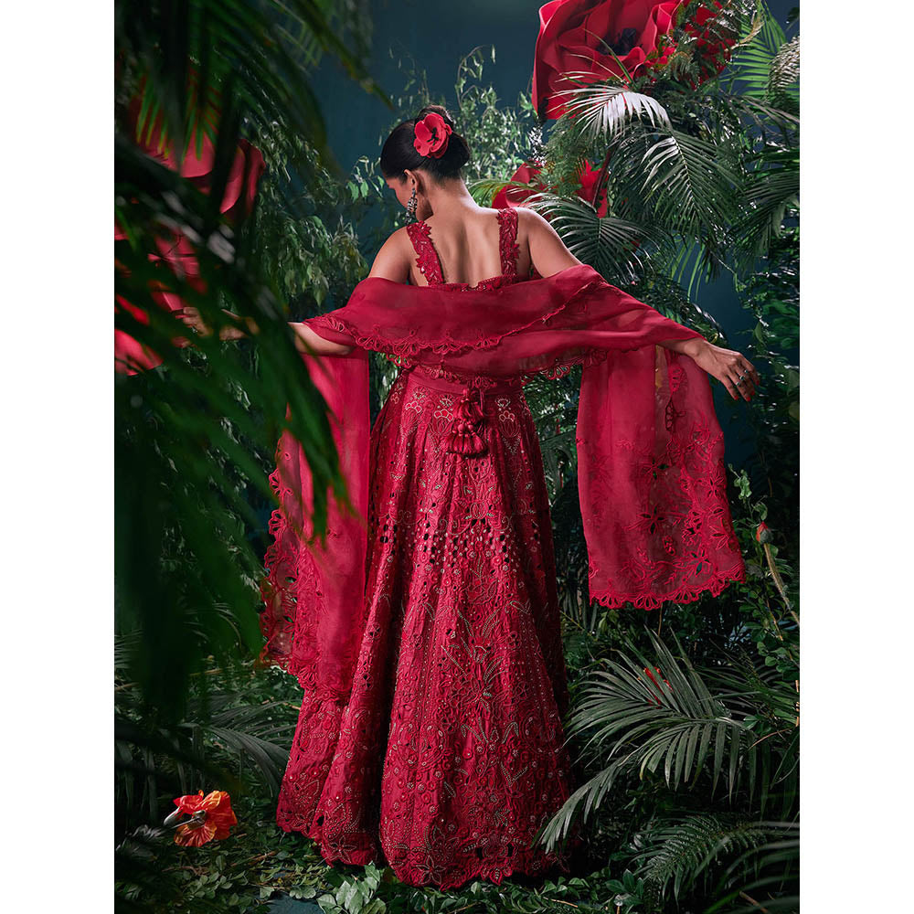 CHANDRIMA Red Chanderi Floral Sleeveless Sweetheart Bead Work Crop Top