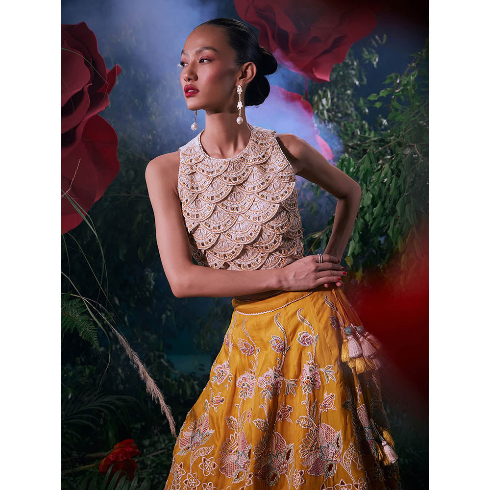 CHANDRIMA Ivory Chanderi Embroidered Sleeveless Crew Neck Bead Work Crop Top