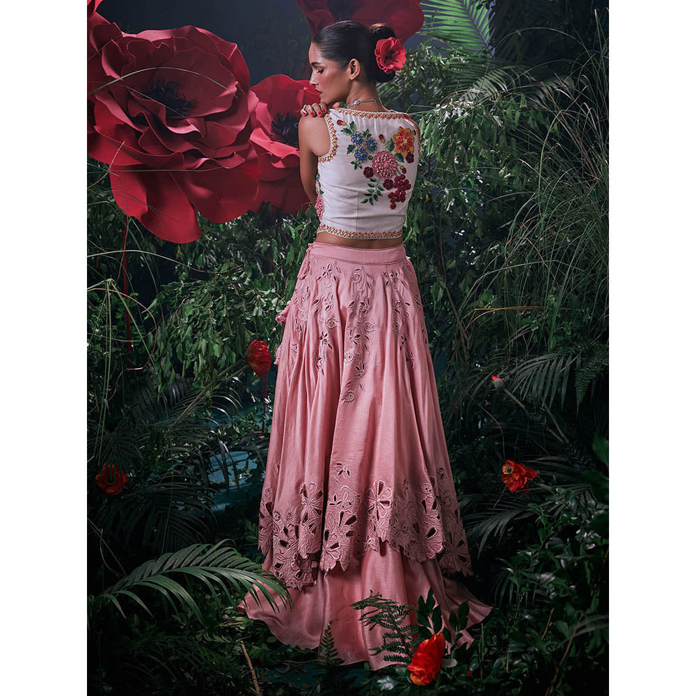 CHANDRIMA Ivory Chanderi Floral Sleeveless Square Neck Bead Work Crop Top
