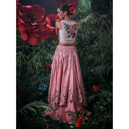 CHANDRIMA Ivory Chanderi Floral Sleeveless Square Neck Bead Work Crop Top