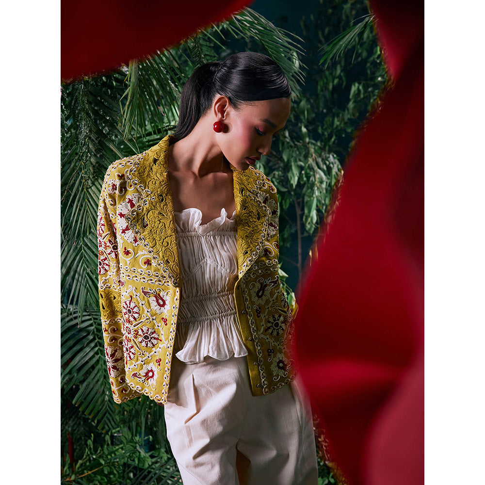 CHANDRIMA Yellow Cotton Embroidered Full Sleeves Notched Lapel Bead Work Jacket