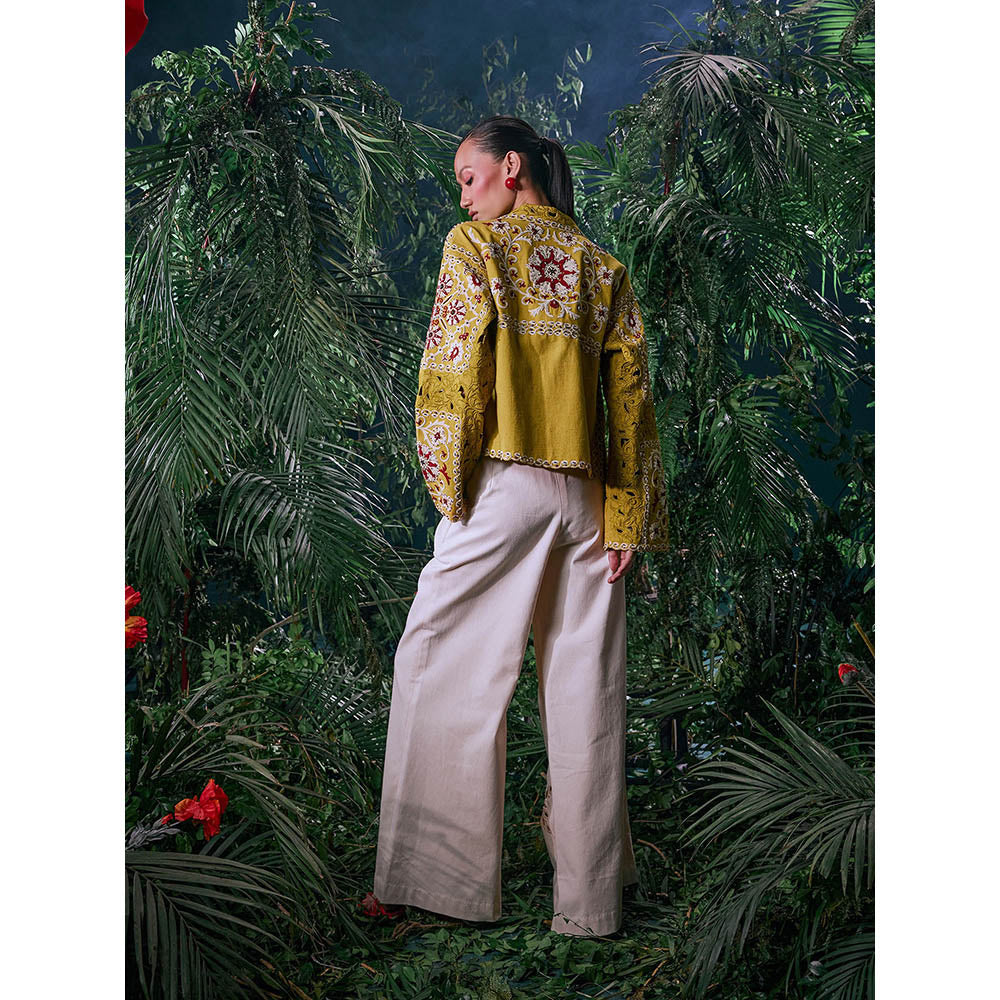 CHANDRIMA Yellow Cotton Embroidered Full Sleeves Notched Lapel Bead Work Jacket