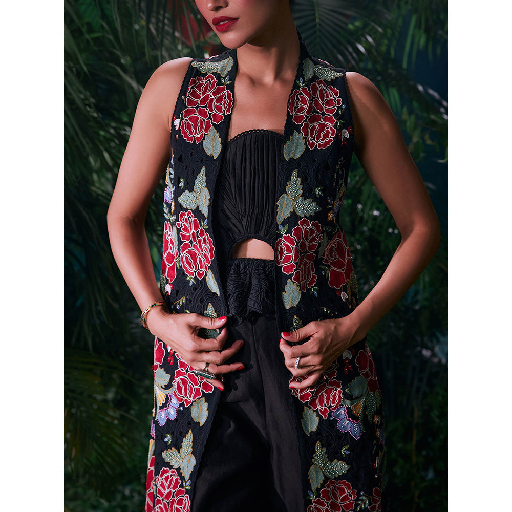 CHANDRIMA Black Cotton Floral Sleeveless Bead Work Jacket