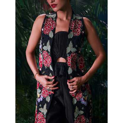 CHANDRIMA Black Cotton Floral Sleeveless Bead Work Jacket