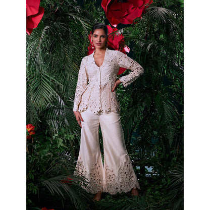CHANDRIMA Ivory Chanderi Embroidered Full Sleeves V-Neck Bead Work Jacket