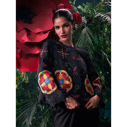 CHANDRIMA Black Chanderi Floral Full Sleeves Round Neck Bead Work Jacket