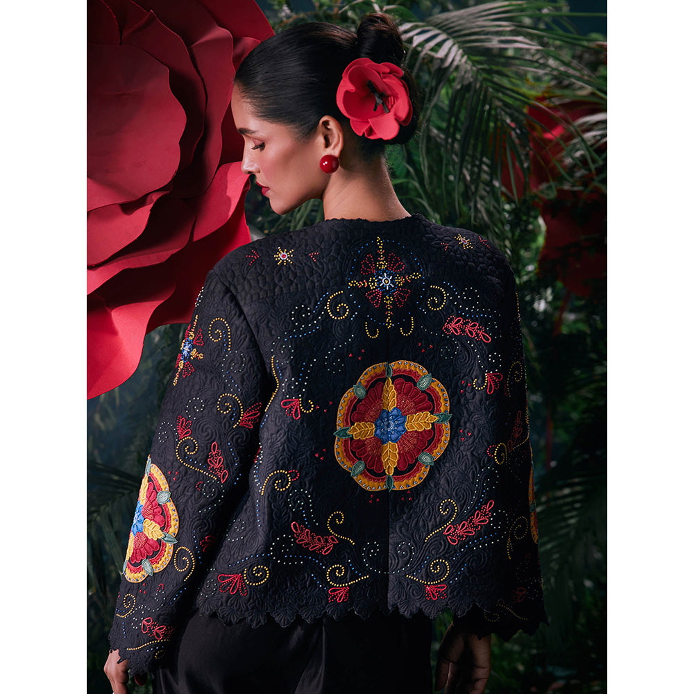 CHANDRIMA Black Chanderi Floral Full Sleeves Round Neck Bead Work Jacket