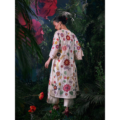 CHANDRIMA Ivory Organza Floral Three Fourth Sleeves Bead Work Jacket