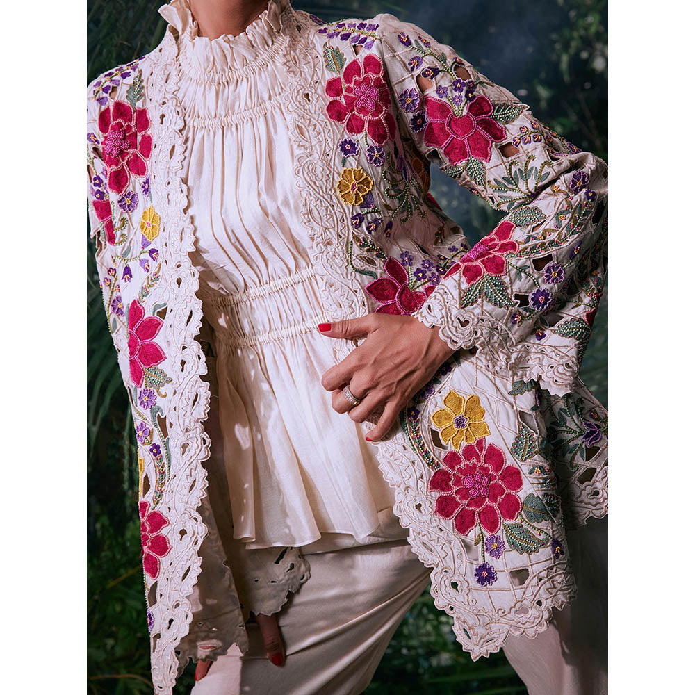 CHANDRIMA Ivory Chanderi Floral Full Sleeves Bead Work Jacket