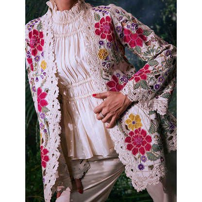 CHANDRIMA Ivory Chanderi Floral Full Sleeves Bead Work Jacket