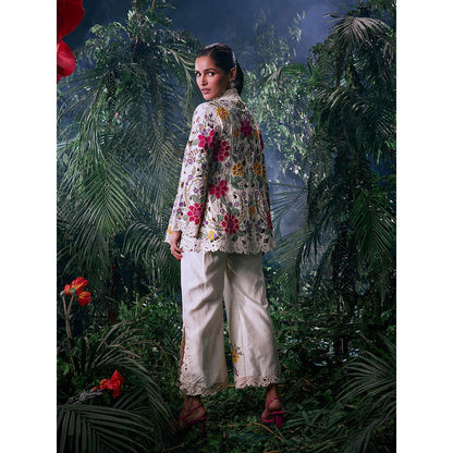 CHANDRIMA Ivory Chanderi Floral Full Sleeves Bead Work Jacket