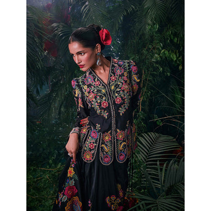 CHANDRIMA Black Chanderi Floral Bead Work Skirt