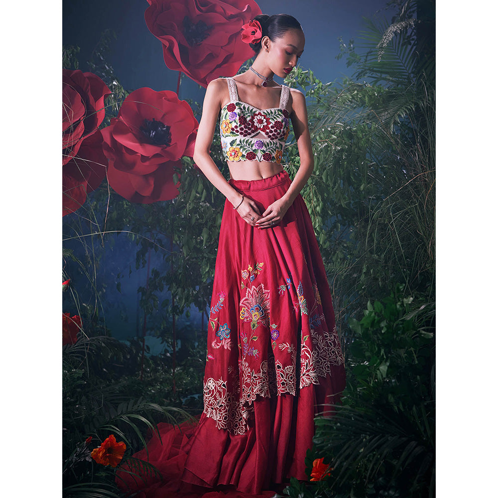 CHANDRIMA Red Chanderi Floral Bead Work Skirt