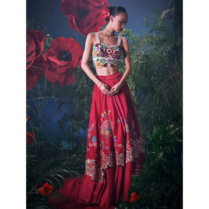 CHANDRIMA Red Chanderi Floral Bead Work Skirt