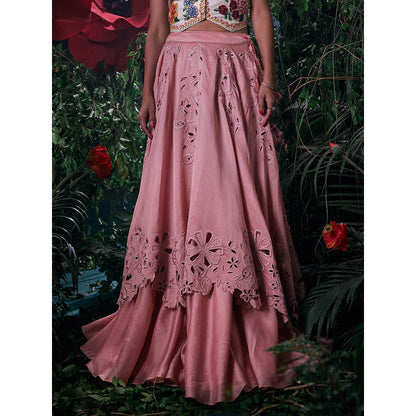 CHANDRIMA Pink Chanderi Embroidered Bead Work Skirt